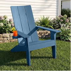 „Adirondack“ kėdė su gėrimų laikikliu, skirta lauko sodui: atspari oro sąlygoms „Adirondack“ kėdė iš HIPS plastiko – ergonomiška „Adirondack“ atlošiamoji kėdė, skirta lauko naudojimui balkone, prie laužavietės, terasoje ar paplūdimyje (tamsiai mėlyna)
