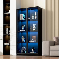 Stiklinė vitrina su „App“ LED apšvietimu, 80 x 40 x 160 cm, dviejų durų stovinti vitrina, juoda, skirta svetainei, su reguliuojamomis lentynomis, išmaniojo namo dekoracija (Black-B)