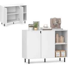 KOMFOTTEU Buffet Cabinet, Sideboard, White, Modern Kitchen Cabinet with Doors, 5-Way Adjustable Shelf & Tilt Protection, Kitchen Chest of Drawers Storage Cabinet for Living Room, Hallway (White)