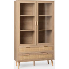 KLAST vitrina iš medžio ir natūralaus rotango, su stiklinėmis durelėmis, trimis lentynomis ir stalčiais daiktams laikyti, matmenys: 100 x 170 cm