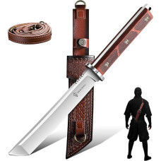 „Dream Reach Tanto“ lauko peilis, kempingo peilis su ištisiniu kotu ir odiniu makštu | Didelis fiksuoto ašmenų peilis, ištisinis kotas, odinis makštas, skirtas „Bushcraft“ medžio drožybai, išgyvenimui gamtoje ir kempingui, dovana vyrams