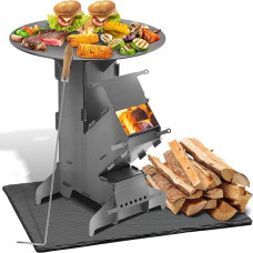 „Rocket“ krosnelė su grotelėmis ir kuro kablys „Rocket“ krosnelės prijungimo sistema, pagaminta iš 3 mm storio vientiso plieno, kempingo krosnelė su 2 papildomomis kojelėmis „Cannon Stove“ BBQ „Rocket“ medžio krosnelė