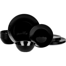 LaGlint 18 Piece Black Opal Glass Grooved Dinnerware Set | Crockery set for 6 people, lightweight and robust crockery, microwave and dishwasher safe with facet design
