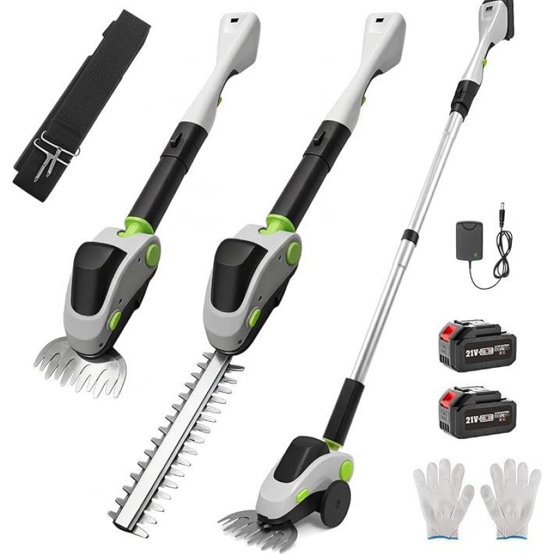 Telescopic Hedge Trimmer Battery with Wheels, 4-in-1 Electric Telescopic Lopper & Grass Shears with Power Display and 2 x 21 V Batteries, Aluminium Alloy, 110° Adjustable Head, Max 1.73 m