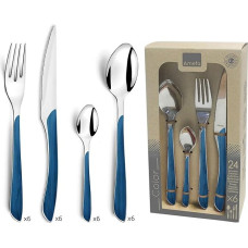 „Amefa Eclat Nature Blue“ medinių stalo įrankių rinkinys, 24 vnt., skirtas 6 asmenims, iš nerūdijančio plieno, su medžio imitacijos plastikinėmis rankenėlėmis, tinkamas plauti indaplovėje, stalo įrankių rinkinys 6 asmenims
