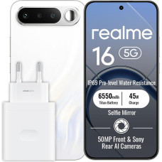 „realme 16 5G“ išmanusis telefonas, 8+256 GB, baltas | 6550 mAh baterija, 45 W ypač greitas įkrovimas, 6,57 colio AMOLED ekranas, 120 Hz, 50 MP AI kamera, „Dimensity 6400 Turbo“, IP69