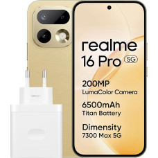 „realme 16 Pro 5G“ išmanusis telefonas, 8+256 GB, 6,78 colio AMOLED ekranas (144 Hz), kamera 200 MP su optiniu vaizdo stabilizatoriumi (OIS), „Dimension 7300-Max“, baterija 6500 mAh, greitasis įkrovimas 45 W, IP69 auksinis (su adapteriu)