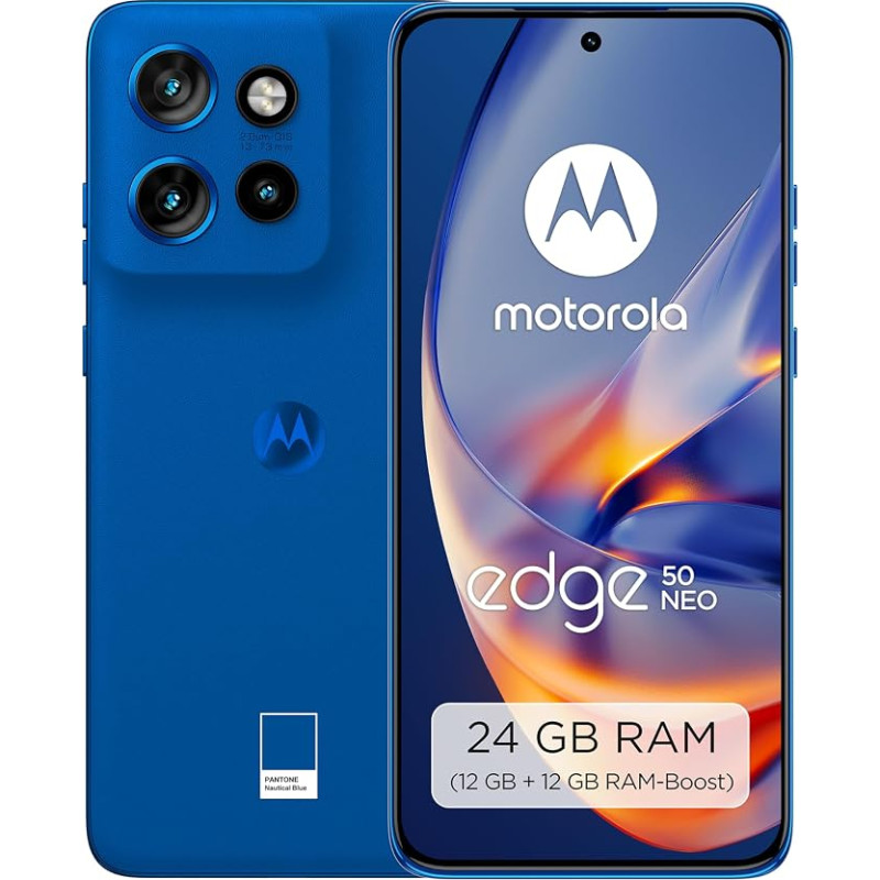 „Motorola edge50 neo“ išmanusis telefonas su 6,36 colių „Super HD“ ekranu, 50 MP kamera su „Moto AI“, 8/256 GB atminties, 4310 mAh baterija, „Android 14“, „Nautical Blue“ spalvos (veganiška dirbtinė oda) + apsauginis dėklas