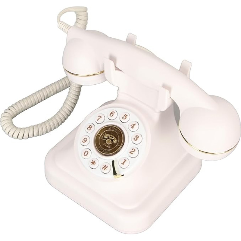 Stacionarusis telefonas, retro stacionarusis telefonas su laidu, senovinis telefonas vyresnio amžiaus žmonėms, stacionarusis telefonas su skambinimo disku ir laidu, nostalgiškas stalinis telefonas su ypač dideliais mygtukais