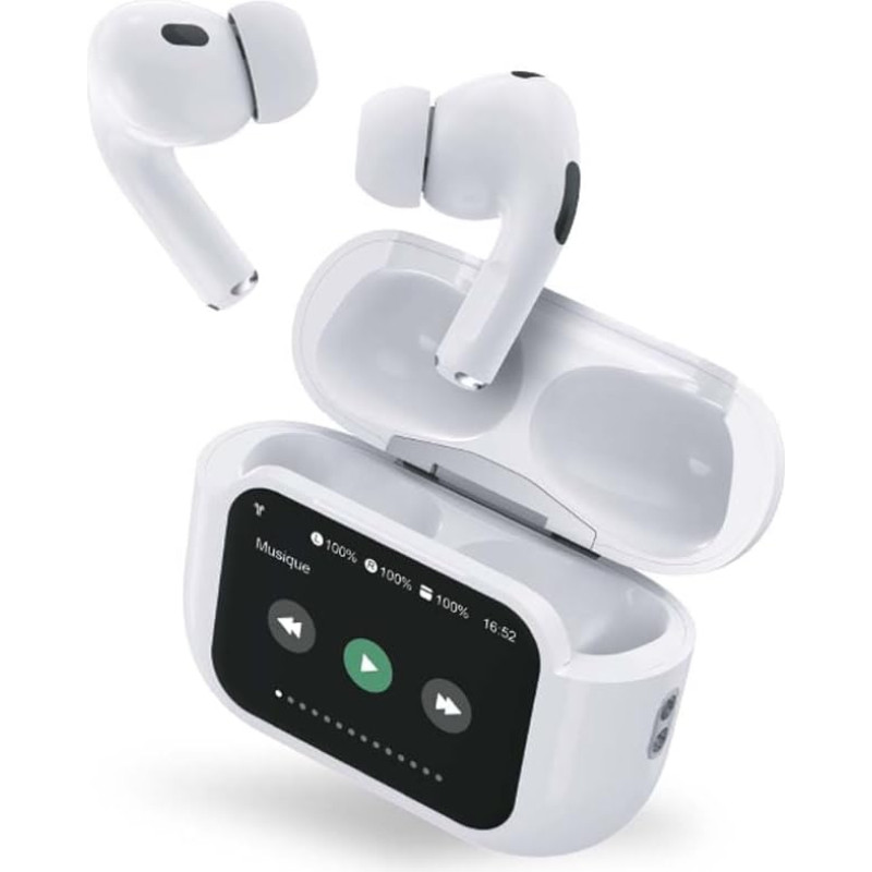 „Force Power Play Touch XL“ visiškai belaidės ANC ausinės su 1,65 colio jutikliniu ekranu, įdedamos į ausį, baltos spalvos