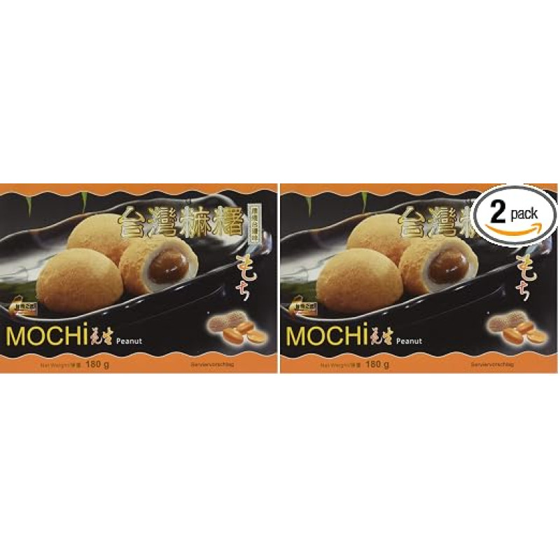 AWON Mochi Peanut Small Sticky Rice Cakes Dessert Sweet Snack (1 x 180g with 6 Mochis Per Pack) (Pack of 2)