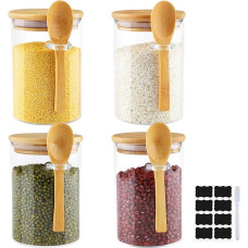 Laikymo stiklainiai su dangteliu ir šaukšteliu, 4 vnt. rinkinys, 500 ml stikliniai indai, stiklainiai sausų produktų, prieskonių, arbatos, riešutų, sėklų, makaronų, miltų ir kavos pupelių laikymui