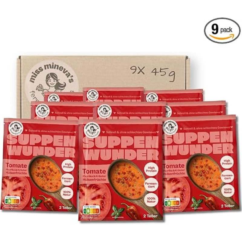 Mis Minevos „Sriubos stebuklas“ – pomidorų sriuba su paprikomis ir žolelėmis | 100 % natūrali, fermentuota, daug baltymų ir veganiška | Be pramoninio cukraus | Be dirbtinių priedų | Greitai paruošiama sriuba maišeliuose | 9 × 45 g