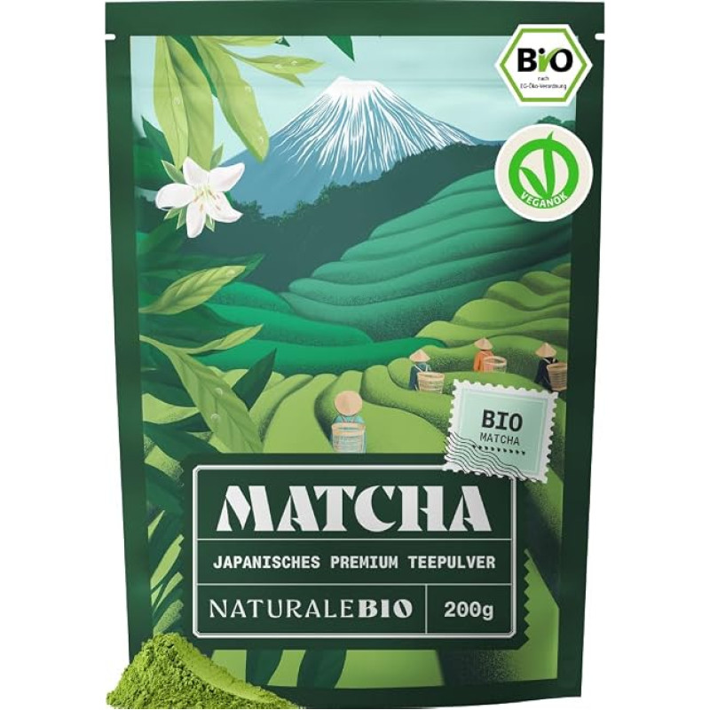 NaturaleBio Organic Japanese Premium Matcha Powder L-Theanine | 200g Premium Matcha from first and second harvest with antioxidants for Matcha Latte, Smoothies and Iced Matcha.