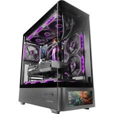 „Mars Gaming“ MC-LCDPRO, žaidimų kompiuterio ATX korpusas, reguliuojamas 7,2 colio IPS LCD ekranas, išlenktas grūdinto stiklo priekinis ir šoniniai skydai, dviejų kamerų konstrukcija, palaiko vandens aušinimą iki 360 mm, juodos spalvos