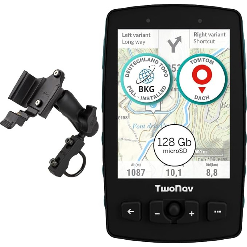 „TwoNav Aventura 2 Plus Motor“ (32 GB) + „MicroSD“ (128 GB) + įdiegta visos Vokietijos žemėlapio versija „BKG Topo“ 1:25 000 – GPS navigacijos sistema, skirta važiuoti keliais ir bekeliais, su 3,7 colio ekranu