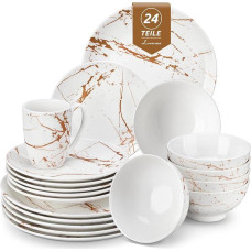 LOVECASA Daphne Porcelain Crockery Set 24-Piece for 6 People, White with Gold Marble Design, Dinner Service Set with Dinner Plates, Dessert Plates, Bowl and Cups