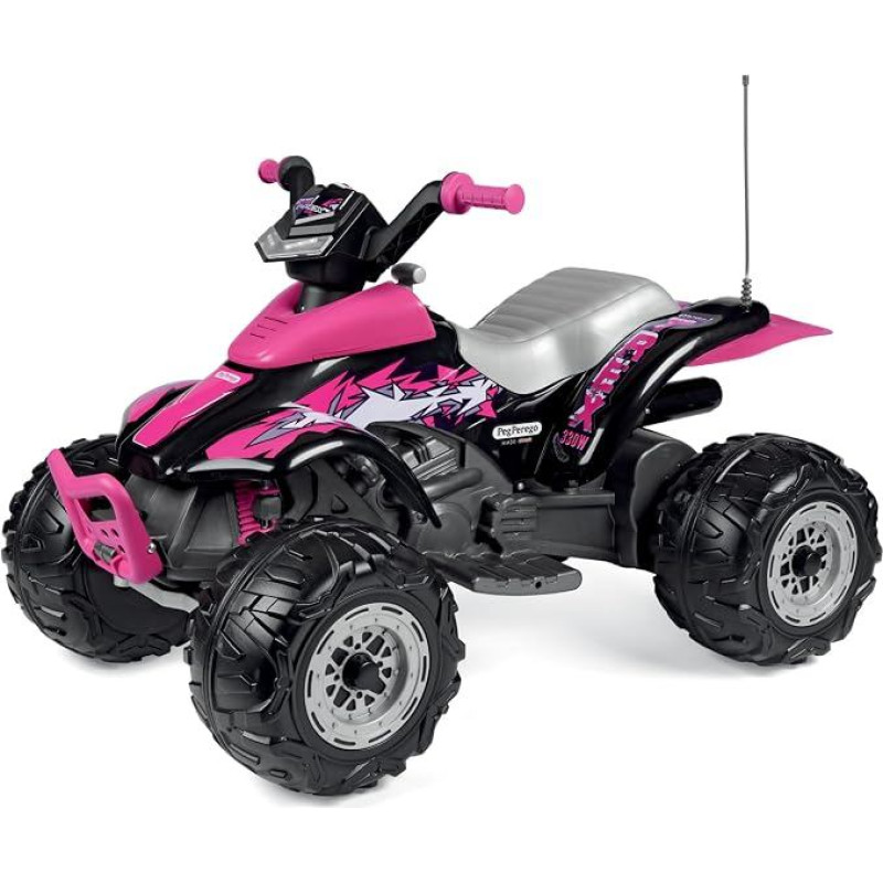 „PEG Corral T-Rex“ 330 W rožinis elektrinis keturratis vaikams nuo 3 metų su LED žibintais, garso efektais, 2 pavaromis ir atbuline pavara, įkraunama 12 V baterija