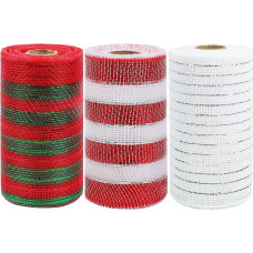 „Tenn Well“ – 3 ritiniai „Poly Mesh“ juostelės vainikų gamybai, 6 colių x 10 jardų raudonos, žalios ir baltos spalvų dryžuotos dekoratyvinės tinklinės juostelės vainikams, girliandoms ir Kalėdų dekoracijoms (raudona, balta, raudona, žalia, balta)