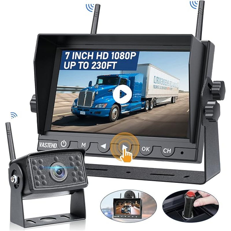VASTEND V01 Wireless Reversing Camera Set HD 1080P 7 Inch Monitor & IP69 Waterproof Backup Camera Stable Digital Signals 150° Wide Angle Reversing Camera Night Vision Set for Van, Car, Truck, Caravan