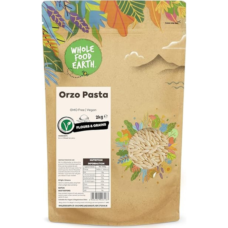 Wholefood Earth Orzo Pasta - GMO frei - Vegan - Milchfrei - Ohne Zuckerzusatz, 2 kg