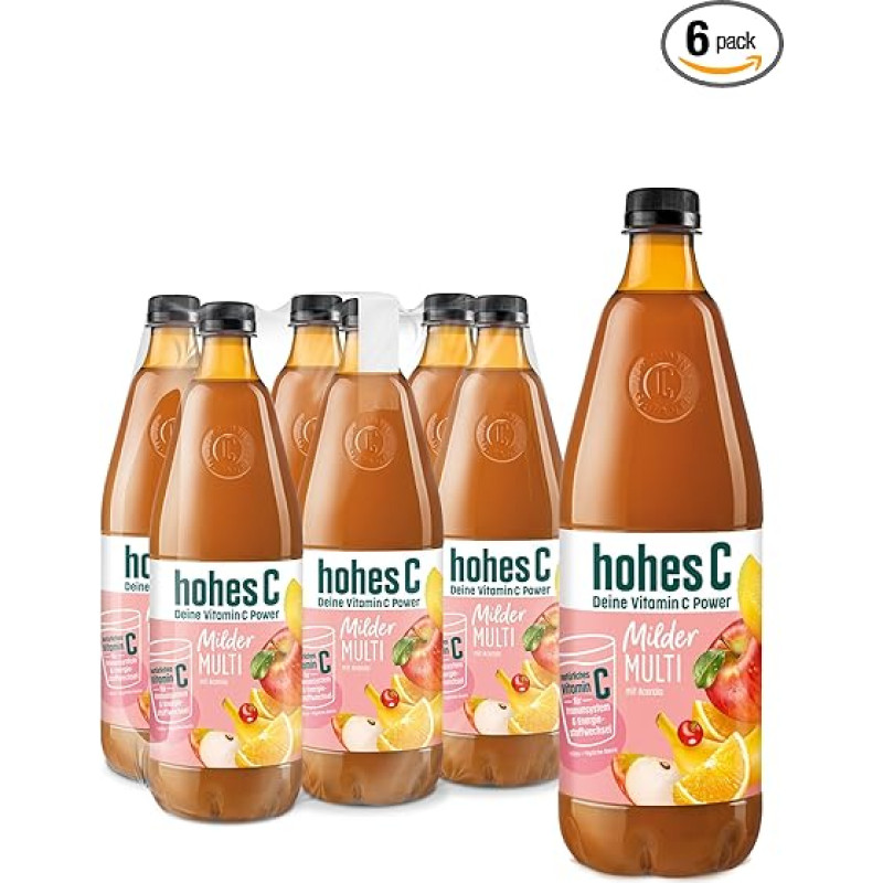 hohes C Mild Multivitamin (6 x 1L), 100% Juice, Apple, Orange, Acerola, Mango, 7 Vitamins, No Added Sugar According to Law, Less Acid, Vegan, with Recycled PET