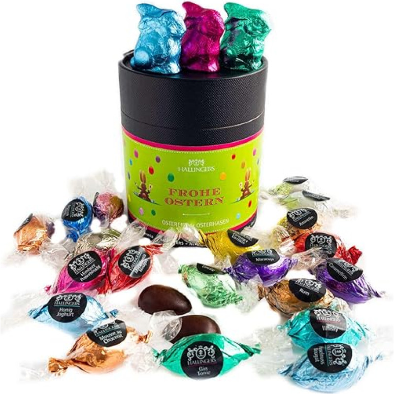 Hallingers Frohe Ostern Rabbit Workshop - Easter Gifts for Easter Baskets for Easter, Chocolates, Easter Eggs & Easter Bunny Partly with Alcohol (Tin) - Fill Advent Calendar Novelties & Advent