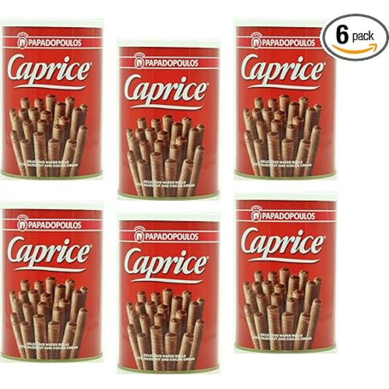 Caprice Waffle Rolls Filled with a Cream with Cocoa and Hazelnut Flavour, 400 g, Pack of 6 (6 x 400 g) Papadopoulos