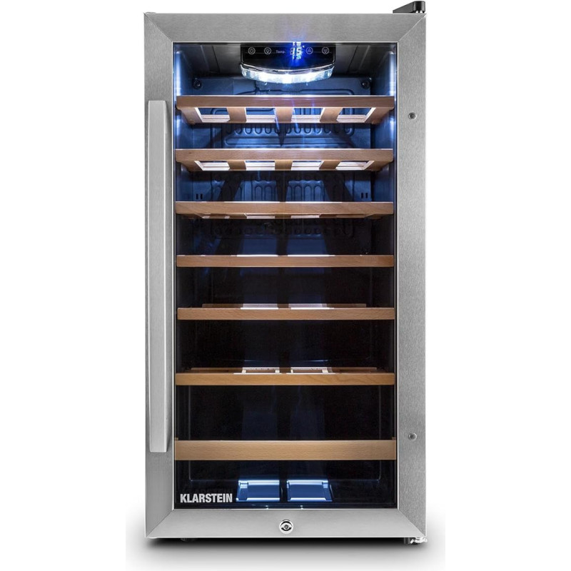Klarstein Vivo Wine 26 Wine Cellar - Beverage cooler, 26 bottles, 88 L, LED, temperature control, Interchangeable hinge, Door on both sides, stainless steel, Silver