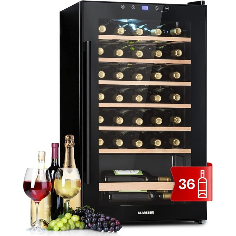 Klarstein Wine Refrigerator, Drinks Fridge Slim, 1 Zone Fridge with Glass Door, Drinks Refrigerators Freestanding, Wine Fridge Small, Wine Refrigerators with UV Protection, 4-18°C, 36 Bottles