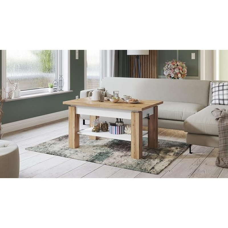 Astoria Designer Coffee Table Height-Adjustable Extendable Dining Table Colour: Wotan Oak Matt White