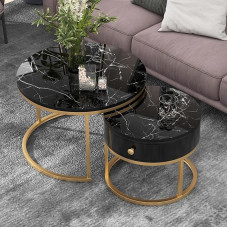 Aunvla Modern Nesting kavos staliukas Aukšto blizgesio marmuro modelis 2 apvalių kavos staliukų rinkinys Round Nested Side Table