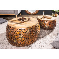 LEBENSwohnART Piedra Ekstravagantiškas kavos staliukas 2 vnt., aliuminis, mango mediena, apie 65 cm, mozaika, rankų darbo