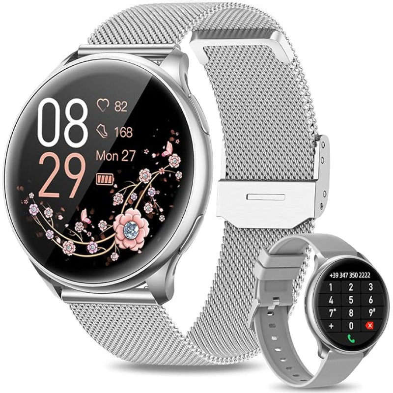 RUXINGX Smartwatch Women Men with Phone Function, 1.32” HD Full Touch Screen, Watch with SpO2 Heart Rate Monitor, Menstrual Cycle, Sleep Monitor, Pedometer, Calories, IP67 for iOS, Android, Silver