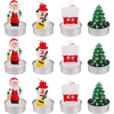 Pack of 12 Christmas Tea Lights Candles Christmas Candles Santa Claus Snowman Christmas Tree House Tea Lights Candles Set Decorative Candle for Indoor Outdoor Camping Party Decoration Women Gifts