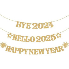 Bye 2020, Hello 2021 with Happy New Year Banner - Gold Glitter, 3 Strings | Happy New Year Decorations 2021 | Happy New Year Sign | Gold for NYE Decorations 2021 | New Year's Eve Party Supplies 2021