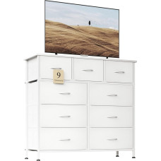 Flrrtenv Komoda miegamajame su 9 stalčiais, medžiaginė komoda su mediniu viršumi ir didele saugojimo erdve, lengvai surenkama, skirta miegamajam, svetainei, balta