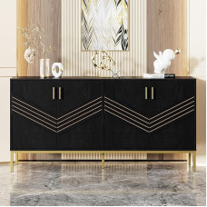 BTM Šiuolaikinė lentynėlė su 4 durimis - stilingo dizaino, juodos ir auksinės spalvos, MDF korpusas su metalinėmis kojelėmis, didelė talpa, reguliuojamo aukščio lentynos - skirta svetainei, valgomajam ir prieškambariui