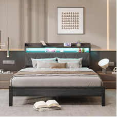 King Size Bed Frame with 1.5m Upholstered Wooden Headboard Two Shelves Charging Station LED Lights 150x200cm Heavy Duty Metal Bed Frame No Box Spring Required Noiseless
