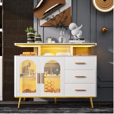 TWSOUL Bufetinė spintelė su LED, virtuvės spintelė su automatiniu jutikliu, 20 spalvotų lempučių, komoda Svetainė su 3 stalčiais ir 2 durelėmis, konsolinis staliukas su įkrovimo stotele, balta, virtuvės spintelė virtuvei, valgomajam