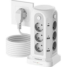 TESSAN 12 kelių lizdų su USB C, prailginimo kabelis, 5 m ilgio maitinimo juosta su 4 jungikliais, apsauga nuo viršįtampių, kištukinių lizdų paskirstymo lizdas, baltos spalvos