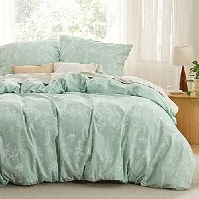 BEDSURE Patalynė 220 x 240 cm, žali medvilniniai patalynės komplektai, 220 x 240 cm antklodės užvalkalas, 3 dalys su 2 pagalvių užvalkalais 80 x 80 cm Šilta patalynė su užtrauktuku, augalų ir gėlių raštu