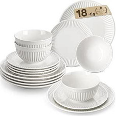 MALACASA LEILA serijos indų rinkinys 6 asmenims, 18 dalių porcelianinis pietų servizas, briaunotos tekstūros indų rinkinys, skandinaviškas dubenų ir lėkščių rinkinys, baltas,