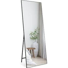 HORLIMER stovintis veidrodis, 165 x 60 cm, didelis sieninis veidrodis arba stovintis veidrodis, viso ilgio veidrodis miegamajame, svetainėje, prieškambaryje, HD tualetinis veidrodis su juodu rėmu