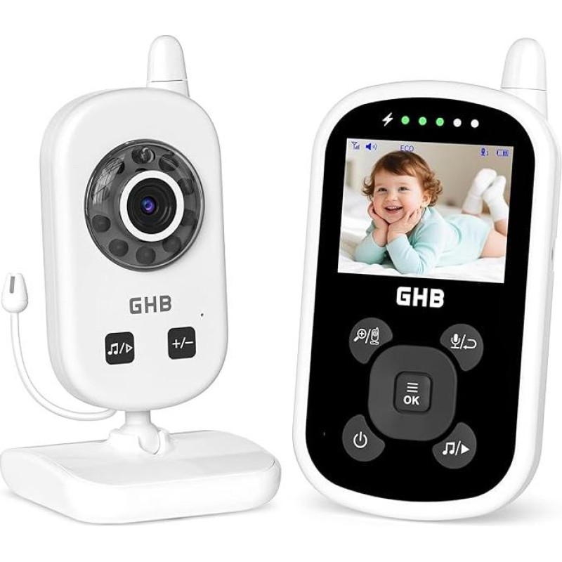 GHB kūdikių monitorius su kamera 2,4 GHz kūdikių monitorius Padidinti lopšines Eco režimas su naktiniu matymu 2X skaitmeninis