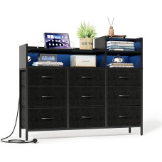 IRONCK Komoda su šonine spinta, šoninė spinta su LED apšvietimu ir laikikliu, 9 stalviršiai ir 3 atskiros lentynos, moderni šoninė spinta svetainei ir kambariui (Schwarz)