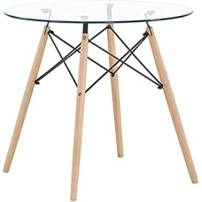 FURNITABLE Round Coffee Table Glass Table Beech Wood Dining Table Kitchen Table Living Room Table H x D 74 x 80 cm Transparent