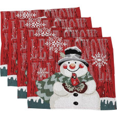 CLISPEED 4 kalėdinių kilimėlių rinkinys su sniego žmogaus motyvu, siuvinėti medvilniniai lininiai kilimėliai, neslystantys kilimėliai valgomojo stalui ir šventinei puošybai