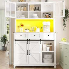 Kebnor Tall Kitchen Cabinet Kitchen Buffet, Display Cabinet, Buffet Cabinet with Adjustable Shelves, Sideboard with LED Lighting, Variable Light Colours, White (105 x 38.4 x 180 cm)