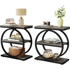 LITTLE TREE šoninių staliukų rinkinys 2, pilkas šoninis staliukas su lentynomis, mažas sofos šoninis staliukas svetainei, siauras naktinis staliukas ir naktinis staliukas su juodomis dvigubomis apvaliomis metalinėmis kojelėmis